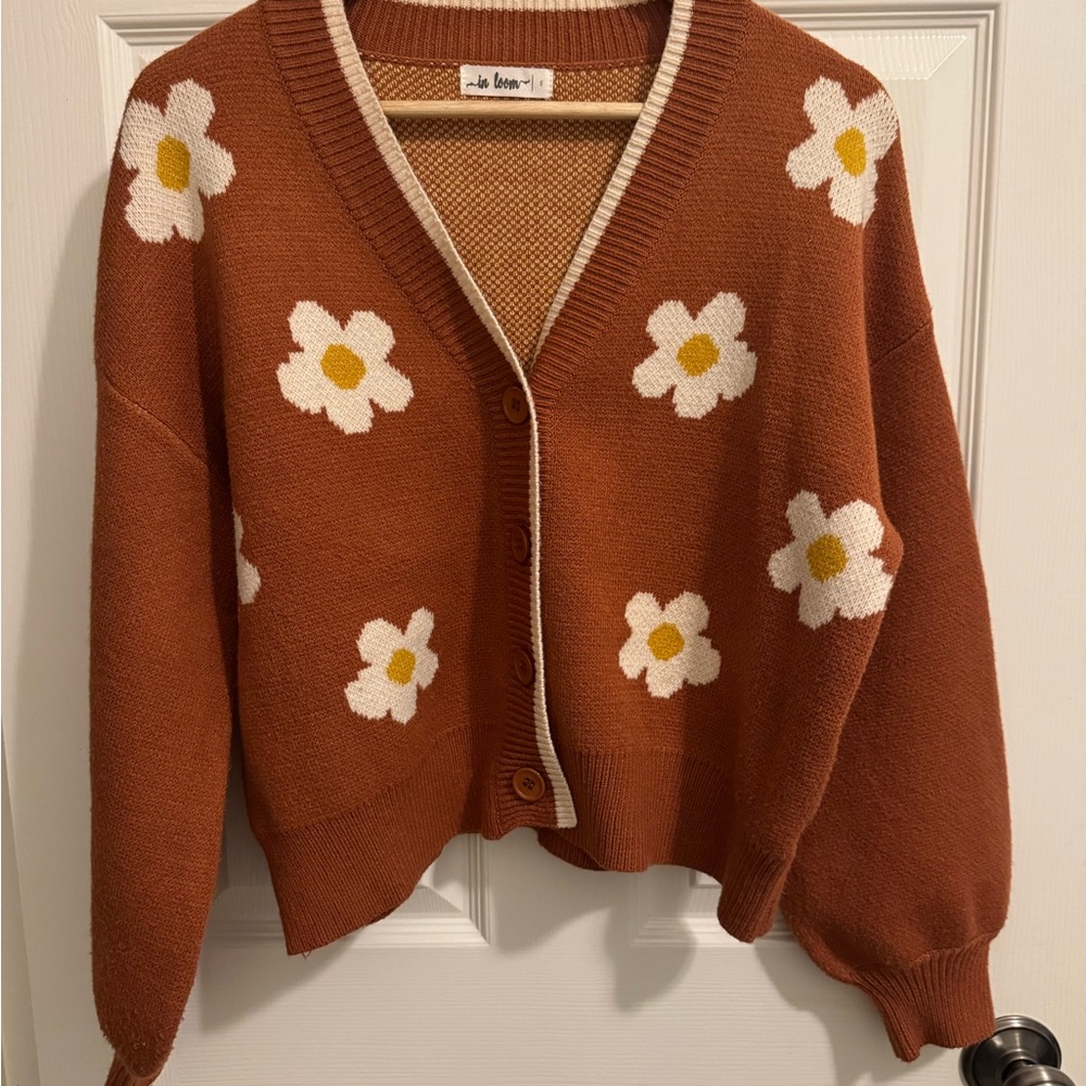 Floral Knit Cardigan Sweater - Brown